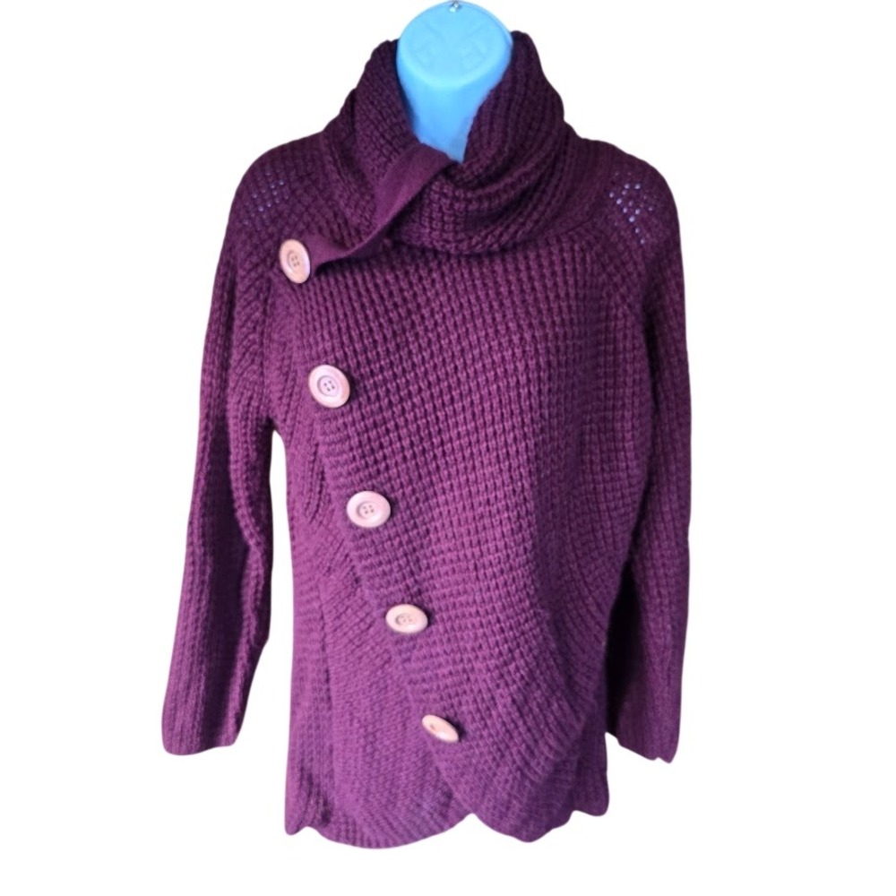 Grecerelle Burgundy Asymmetric L Button Wrap Cowl Neck Chunky Knit Sweater Lagen